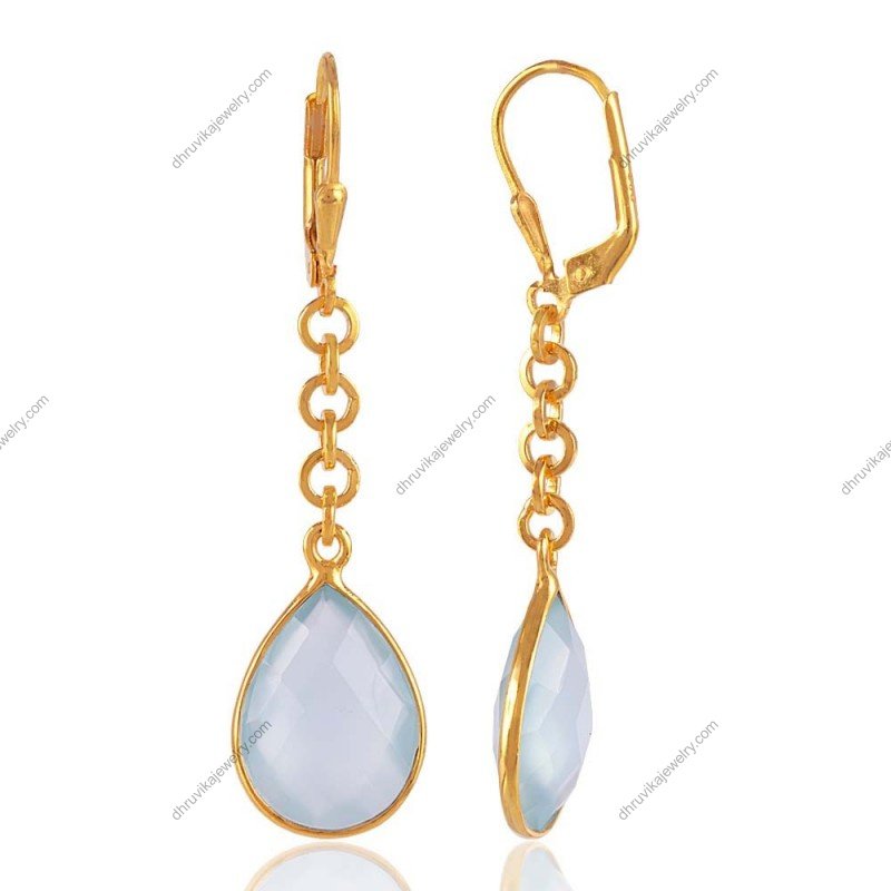 Gold-plated silver drop earrings with faceted blue chalcedony gemstones and lever-back closure view1