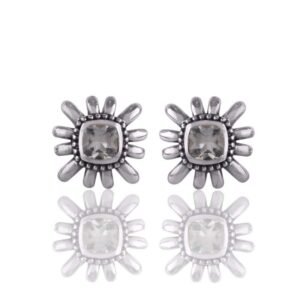 Handcrafted silver sunburst stud earrings with cushion-cut gemstone, radiating elegance. main view