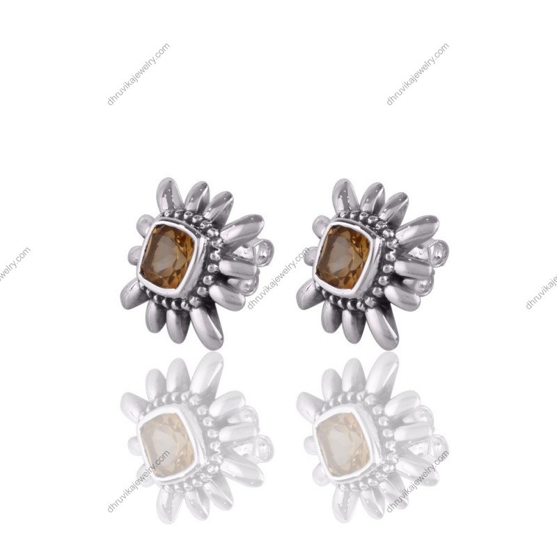 Sterling silver citrine earrings with handcrafted sunburst design and push-back closure. alternate image