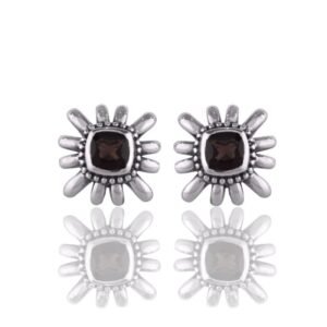 Silver sunburst stud earrings with black stone accent, sterling silver jewelry main view