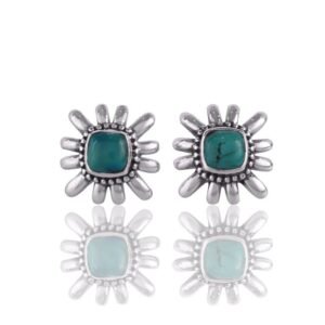 Silver turquoise stud earrings with sunburst design, handcrafted in sterling silver main view