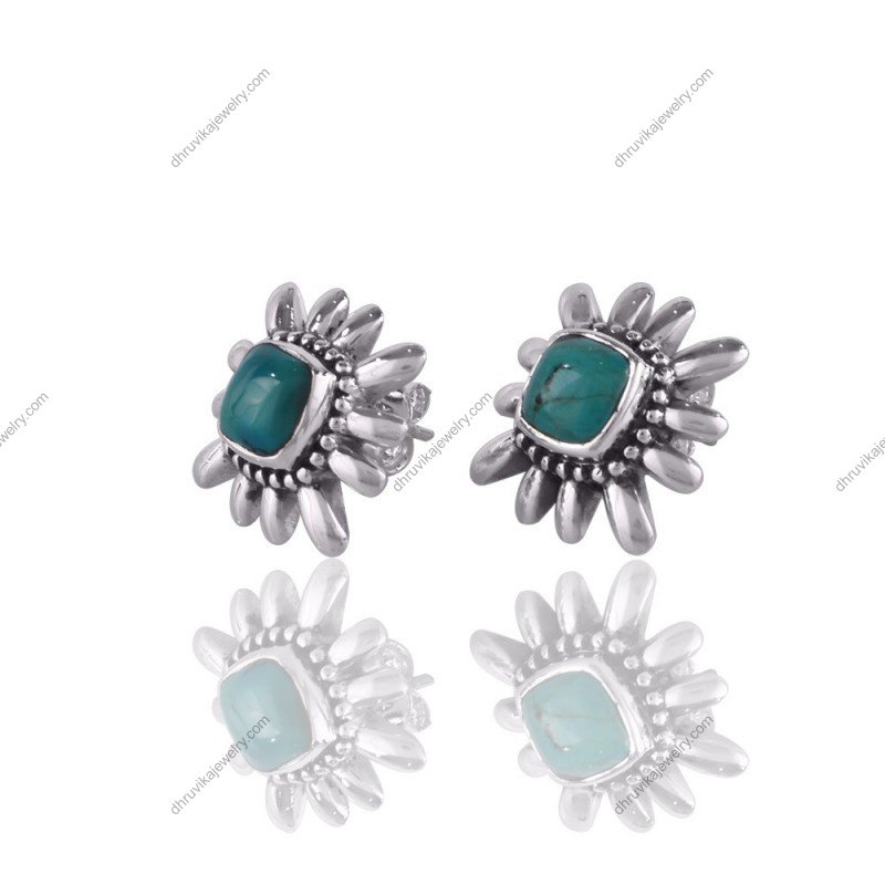 Silver turquoise stud earrings with sunburst design, handcrafted in sterling silver alternate image