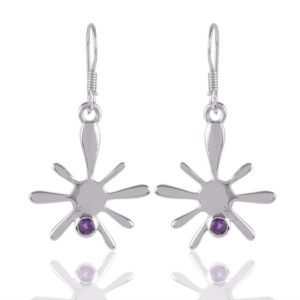 Sterling silver starburst earrings with amethyst gemstone, artistic celestial jewelry main view