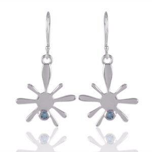 Sterling silver starburst earrings with blue gemstone accent, artistic dangle earrings main view