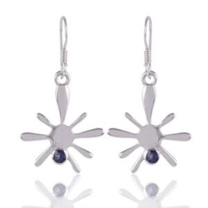 Sterling silver starburst earrings with blue sapphire accent, unique abstract design main view