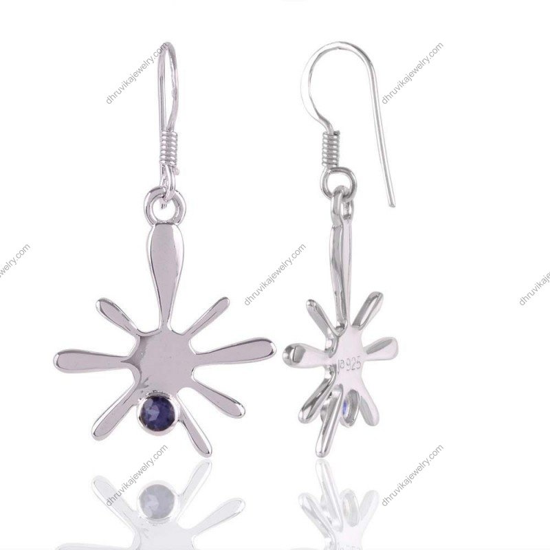 Sterling silver starburst earrings with blue sapphire accent, unique abstract design alternate image