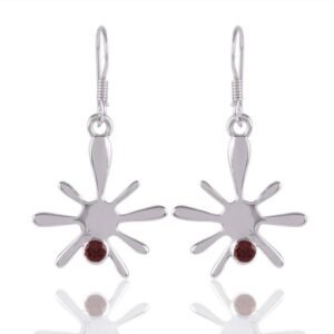 Sterling silver garnet dangle earrings with abstract artistic design and red gemstone accent main view