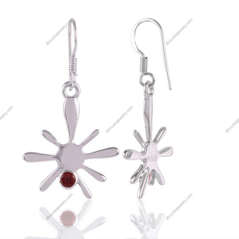 Sterling silver garnet dangle earrings with abstract artistic design and red gemstone accent view1