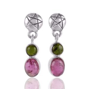 Sterling silver tourmaline dangle earrings with pink and green gemstones, handcrafted elegance main view