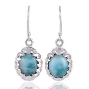 Silver Larimar drop earrings with ocean-blue gemstones and intricate sterling silver setting main view