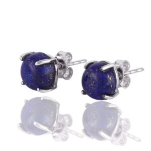 Sterling silver lapis lazuli stud earrings with round blue gemstone setting main view