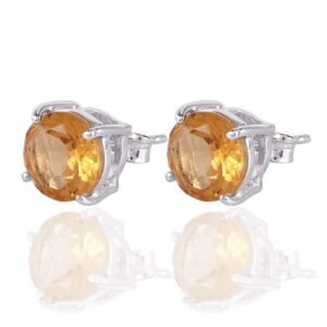 Sterling silver citrine stud earrings with round-cut yellow gemstone in prong setting main view