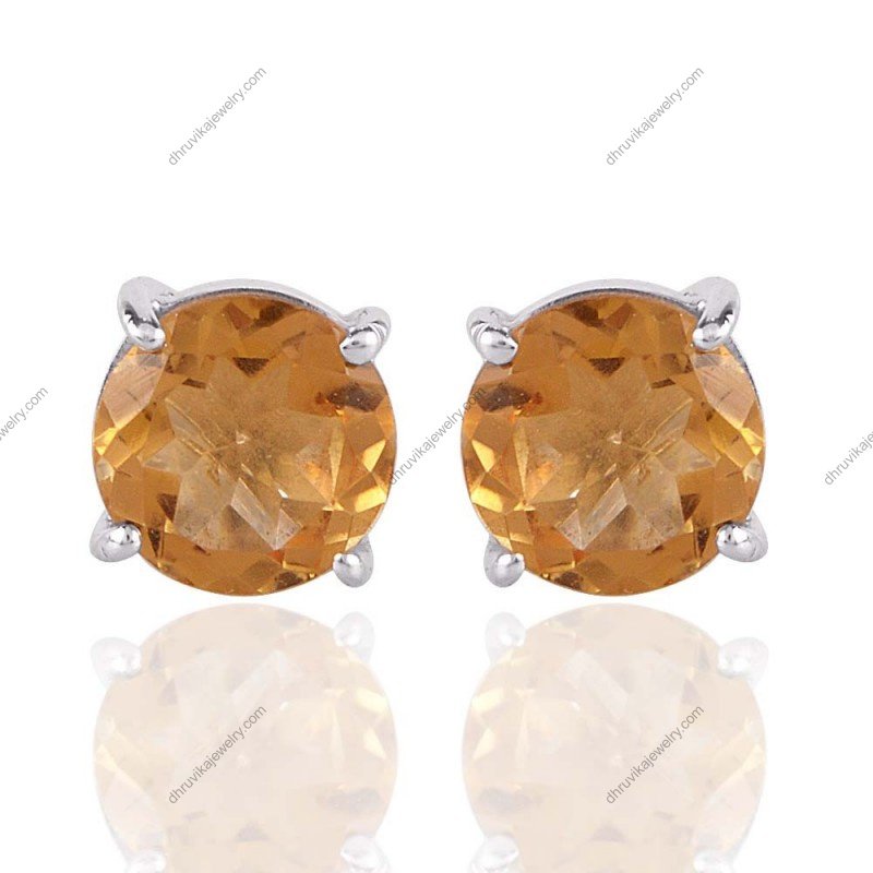 Sterling silver citrine stud earrings with round-cut yellow gemstone in prong setting alternate image