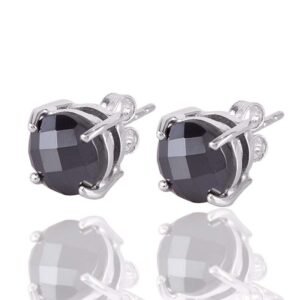 Silver black gemstone stud earrings in sterling silver with faceted stones main view