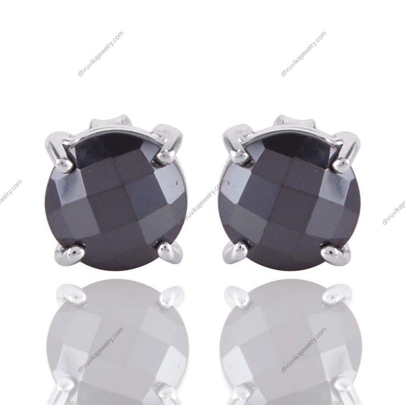Silver black gemstone stud earrings in sterling silver with faceted stones alternate image