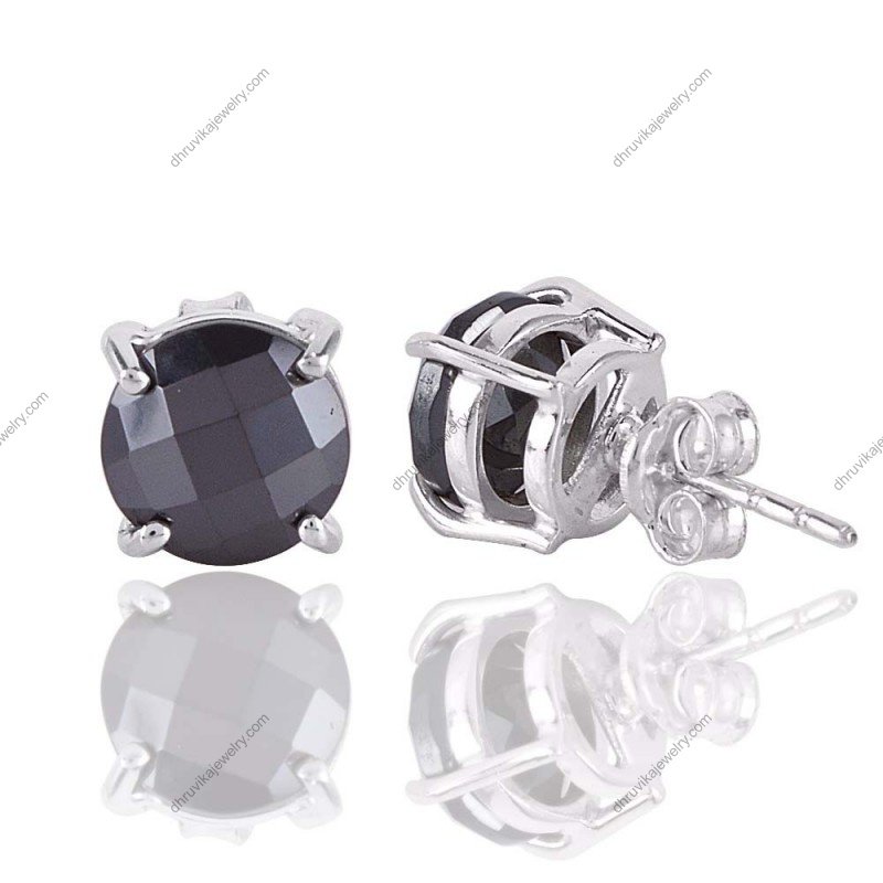 Silver black gemstone stud earrings in sterling silver with faceted stones view1
