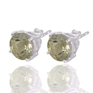 Silver stud earrings with round Green Amethysts in a secure setting main view