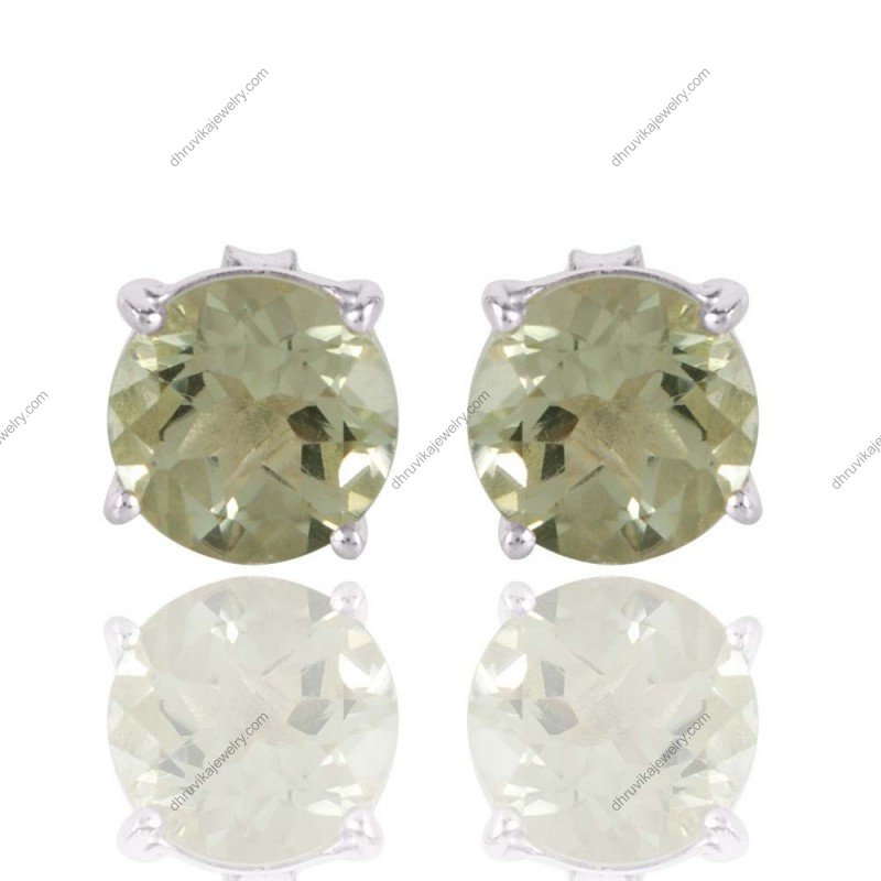 Silver stud earrings with round Green Amethysts in a secure setting alternate image