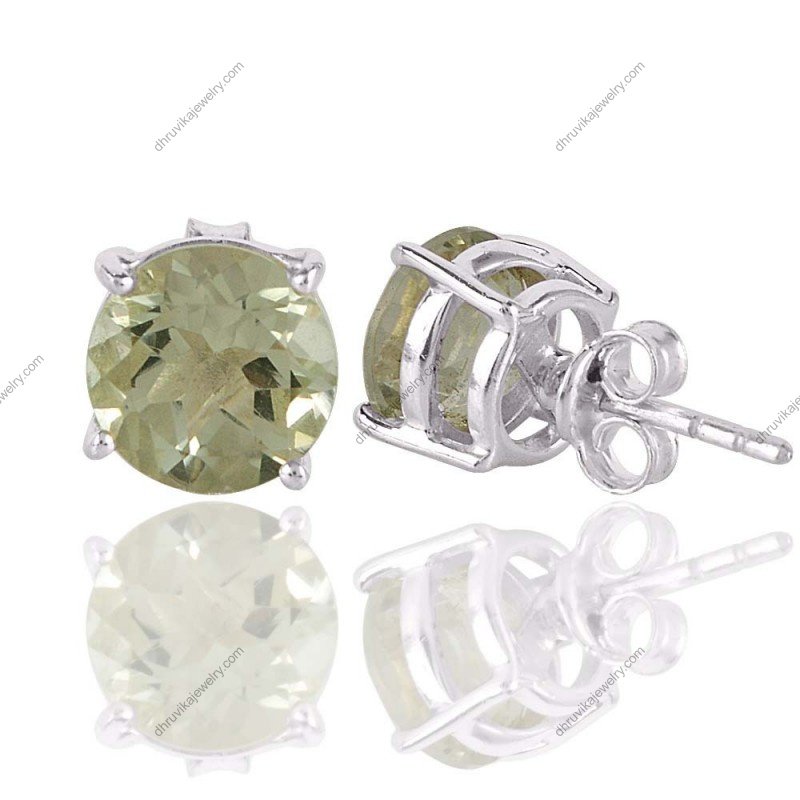 Silver stud earrings with round Green Amethysts in a secure setting view1