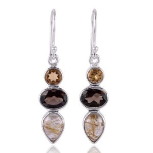 Silver dangle earrings with smoky quartz and rutilated quartz in sterling silver main view