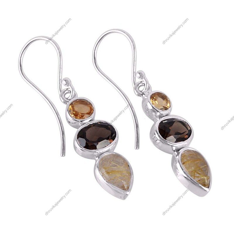 Silver dangle earrings with smoky quartz and rutilated quartz in sterling silver view1