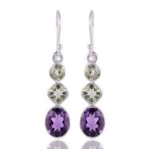 Sterling silver amethyst & green Amethyst dangle earrings with oval and cushion-cut gemstones main view