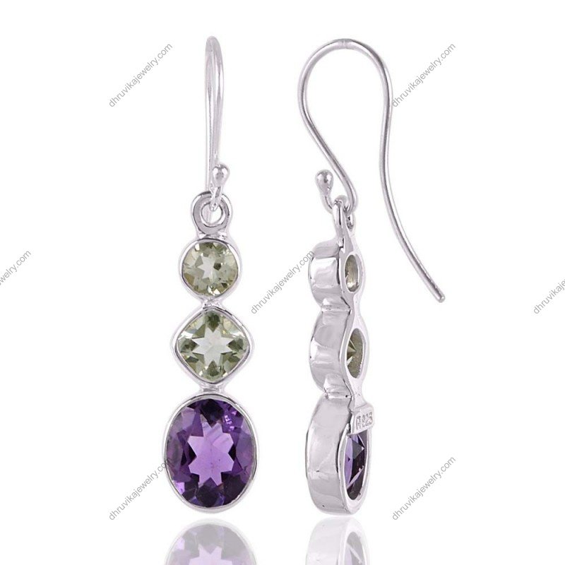 Sterling silver amethyst & green Amethyst dangle earrings with oval and cushion-cut gemstones alternate image