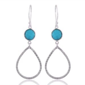 Sterling silver turquoise dangle earrings with hammered teardrop frame main view