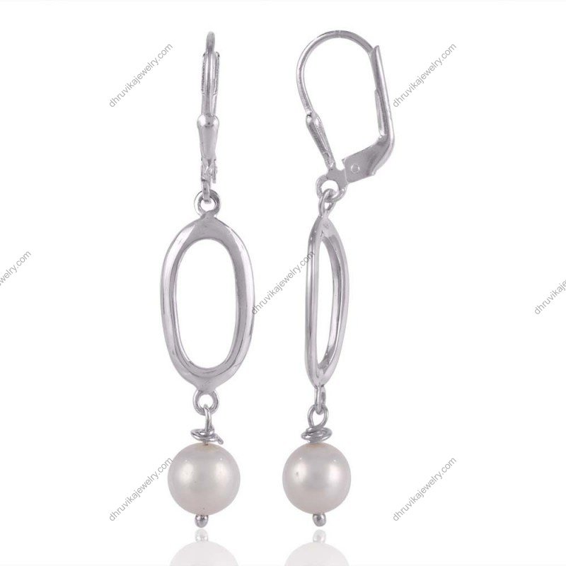 Elegant silver pearl dangle earrings with freshwater pearls and sterling silver design view1