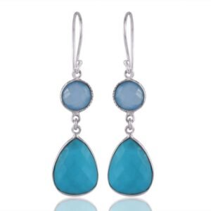 Silver blue chalcedony and turquoise drop earrings in sterling silver, handcrafted elegant design main view