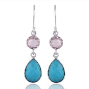 Sterling silver turquoise and rose quartz dangle earrings with teardrop gemstone design main view