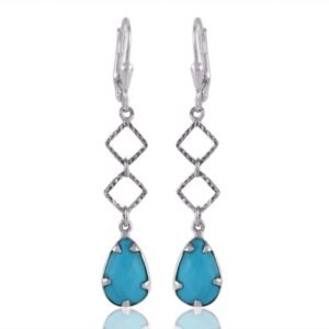 Silver turquoise dangle earrings with teardrop gemstones and geometric design main view