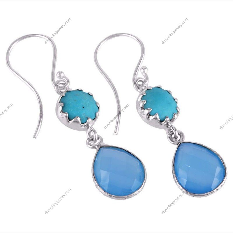 Sterling silver turquoise and blue chalcedony dangle earrings with gemstone accents alternate image