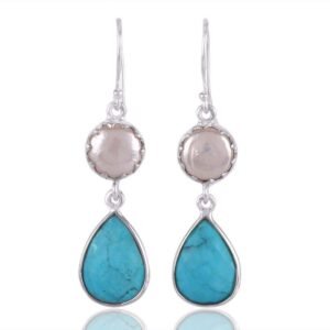 Sterling silver pearl and turquoise drop earrings with handcrafted gemstone design main view