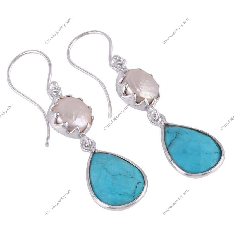 Sterling silver pearl and turquoise drop earrings with handcrafted gemstone design alternate image
