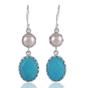 Silver turquoise and pearl dangle earrings in sterling silver with boho-chic design main view