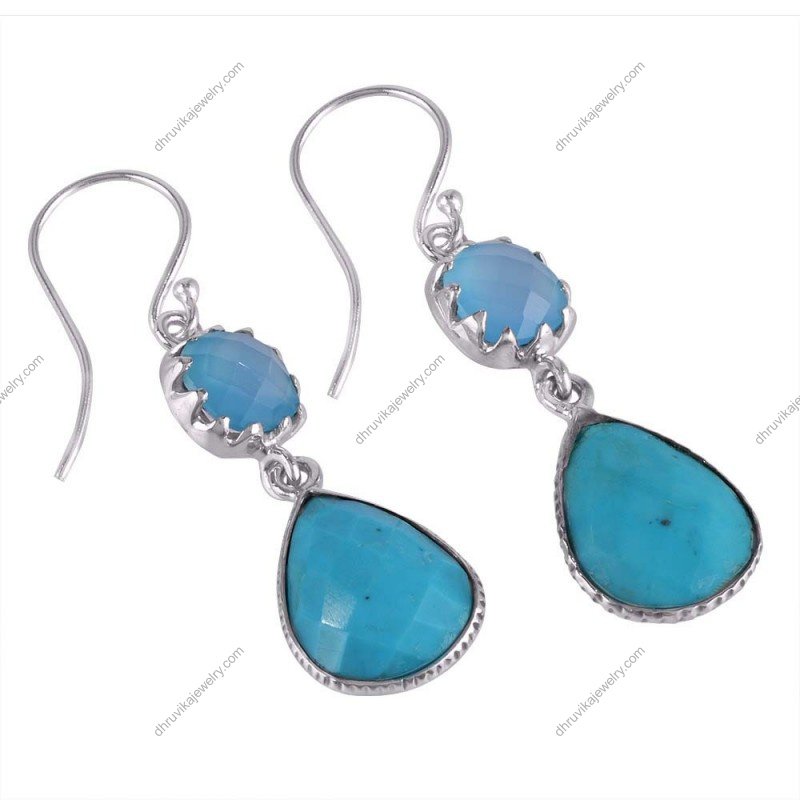 Handmade silver turquoise drop earrings with faceted gemstones in sterling silver alternate image