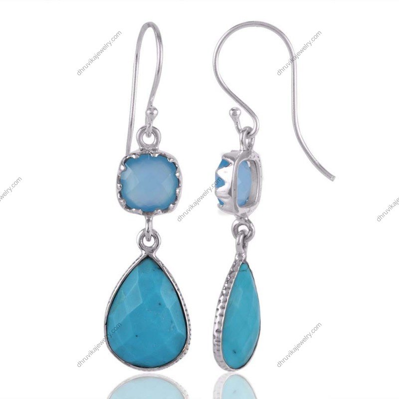 Handmade silver turquoise drop earrings with faceted gemstones in sterling silver view1