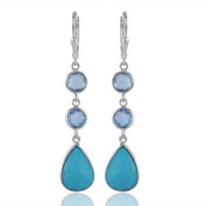 Sterling silver blue gemstone dangle earrings with faceted stones and secure latch-back closure main view