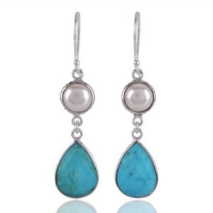 Sterling silver pearl and turquoise dangle earrings with teardrop blue gemstones main view