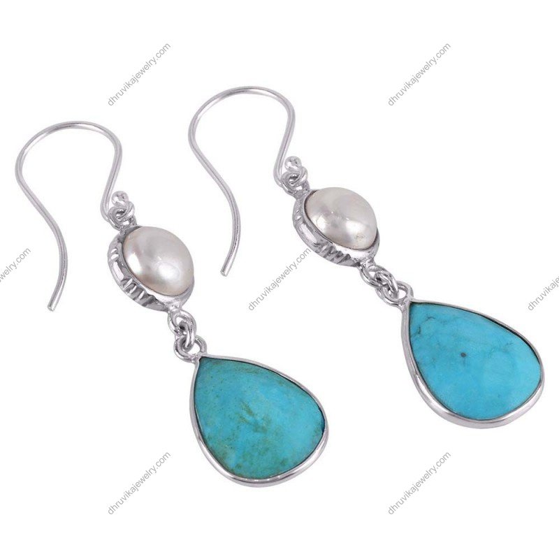 Sterling silver pearl and turquoise dangle earrings with teardrop blue gemstones alternate image