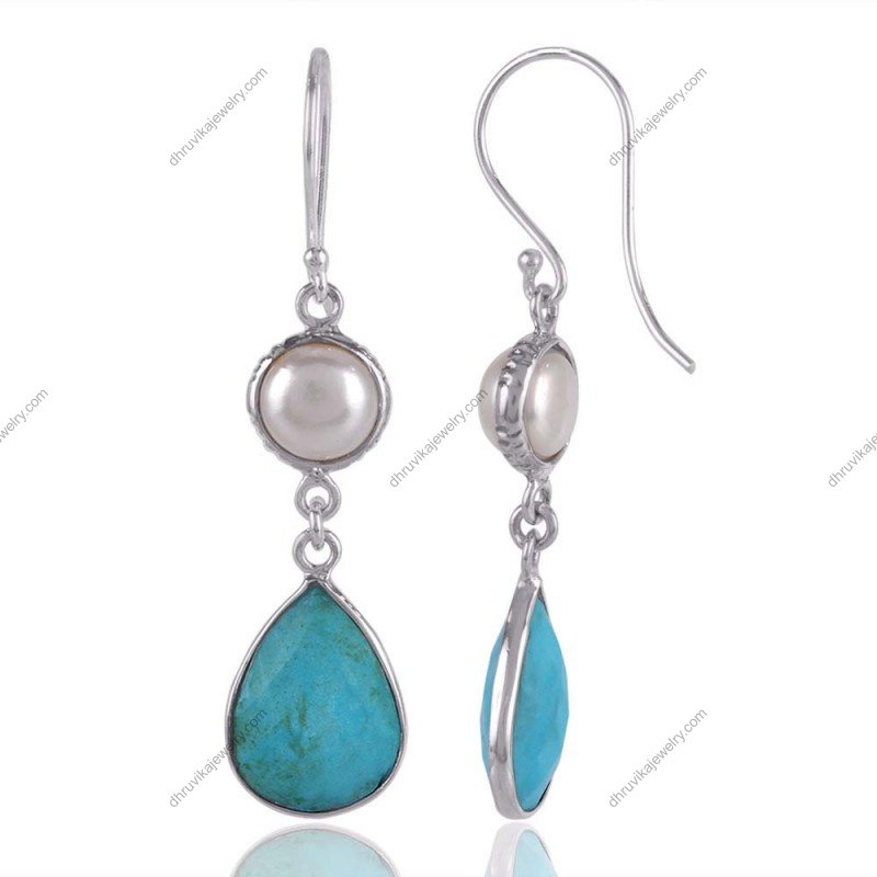 Sterling silver pearl and turquoise dangle earrings with teardrop blue gemstones view1