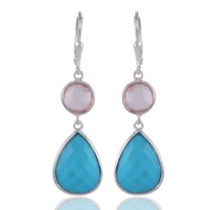 Sterling silver drop earrings with turquoise and rose quartz gemstones, handcrafted jewelry. main view