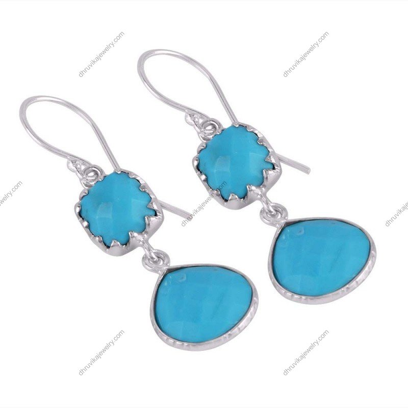 Sterling silver turquoise dangle earrings with faceted gemstones and hook closure alternate image