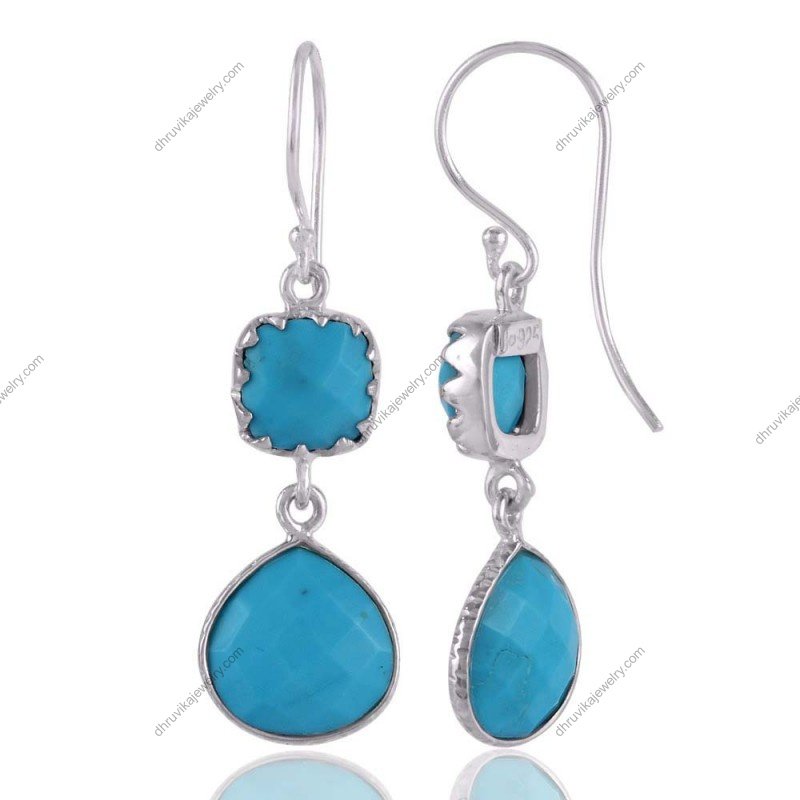 Sterling silver turquoise dangle earrings with faceted gemstones and hook closure view1