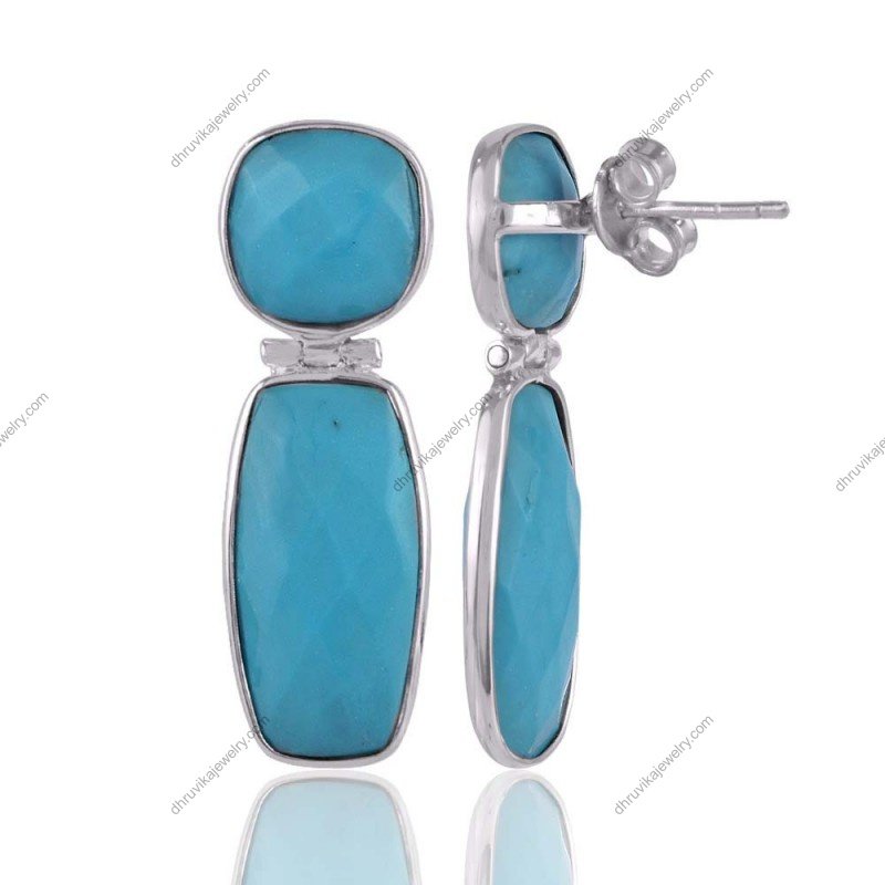 Sterling silver turquoise drop earrings with faceted gemstones, handcrafted statement jewelry view1