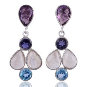 Sterling silver Multi gemstone drop earrings with amethyst, moonstone, and blue topaz main view