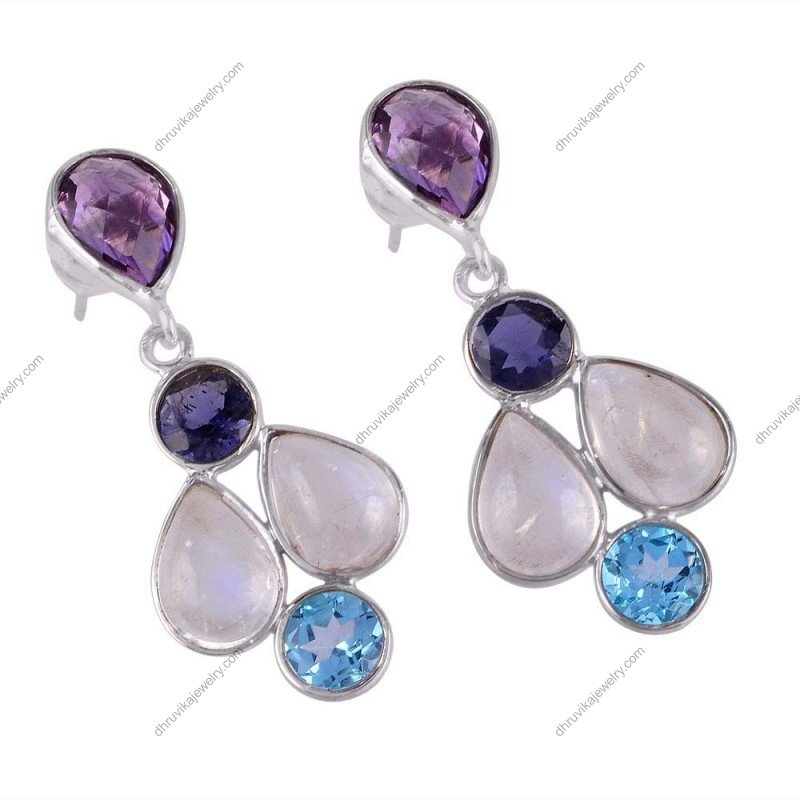 Sterling silver Multi gemstone drop earrings with amethyst, moonstone, and blue topaz alternate image
