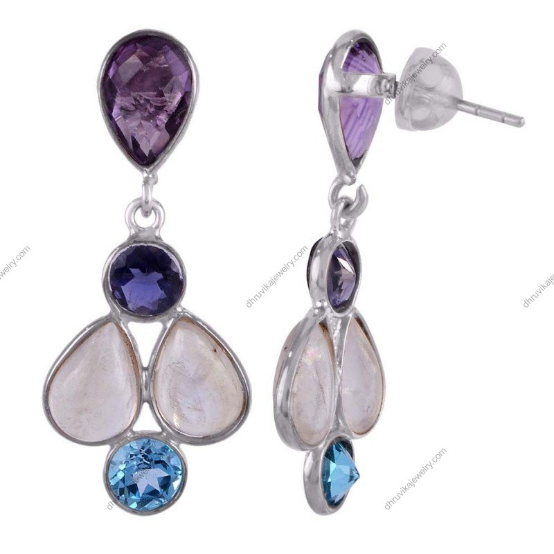 Sterling silver Multi gemstone drop earrings with amethyst, moonstone, and blue topaz view1
