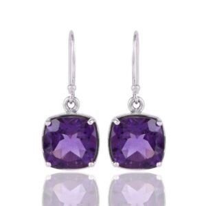 Silver amethyst dangle earrings with cushion-cut gemstones set in sterling silver main view